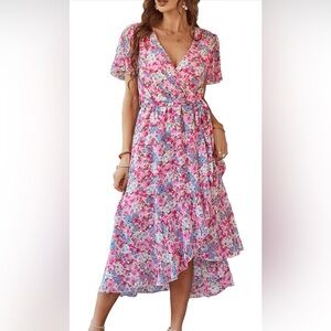 Floral Pink Wrap Midi Dress with Tie Waist and Flutter Sleeves